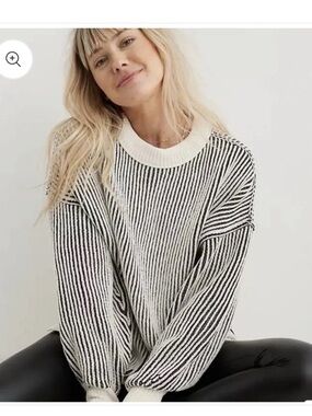 aerie Striped Chenille Crewneck Sweater in Black and White
